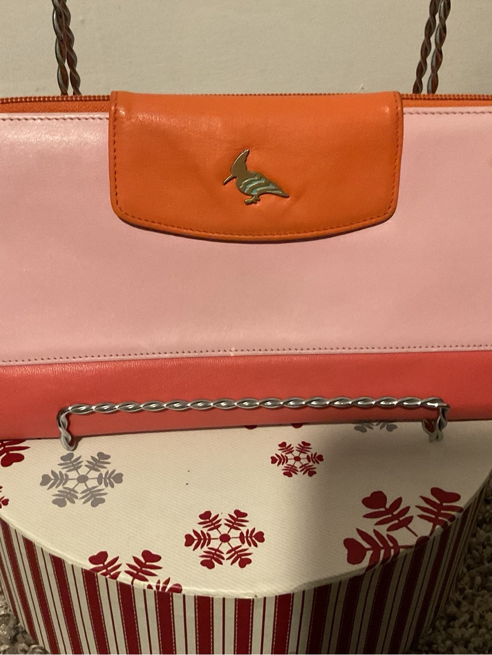 Two-Tone Orange & Pink Leather Shoulder Bag with Chain Strap
